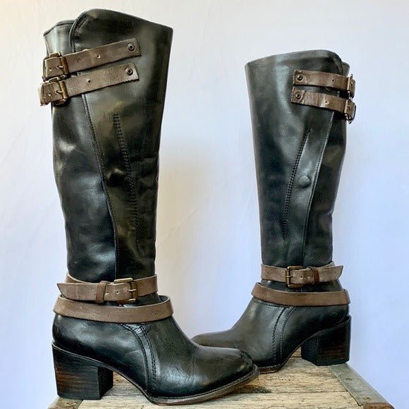 FREEBIRD BY STEVEN Clive Black Brown Strappy Buckle Tall Knee High Boho Boots - Botablu