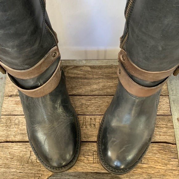 FREEBIRD BY STEVEN Clive Black Brown Strappy Buckle Tall Knee High Boho Boots - Botablu