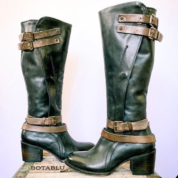 FREEBIRD BY STEVEN Clive Black Brown Strappy Buckle Tall Knee High Boho Boots - Botablu