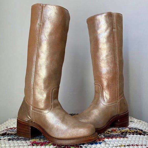 FRYE Campus 14L Metallic Silver Multi Gold Tall Square Toe Chunky Western Boots - Botablu