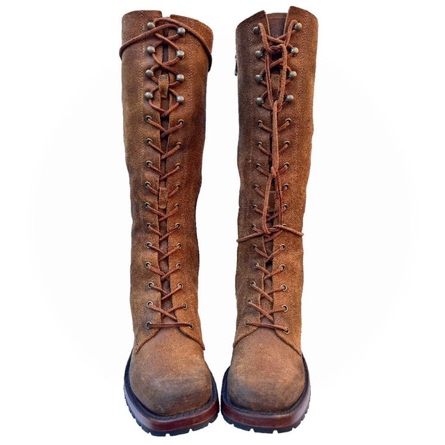 FRYE Campus Lace Up Tall Knee High Zippered Brown Leather Boots - Botablu