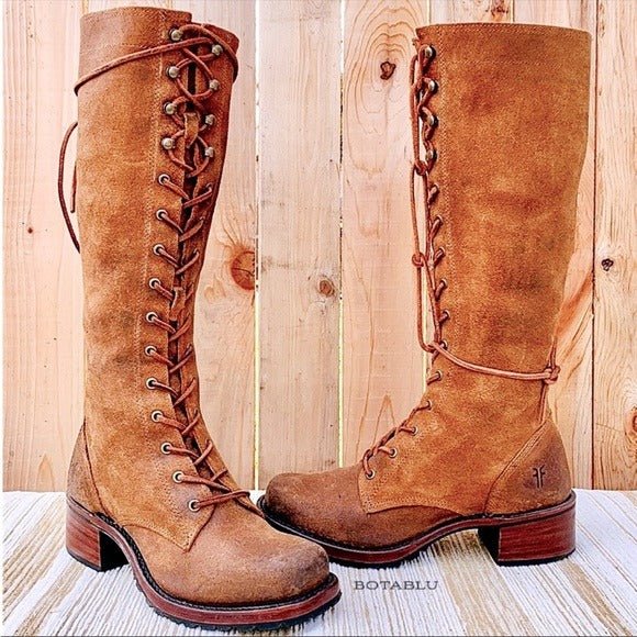 FRYE Campus Lace Up Tall Knee High Zippered Brown Leather Boots - Botablu