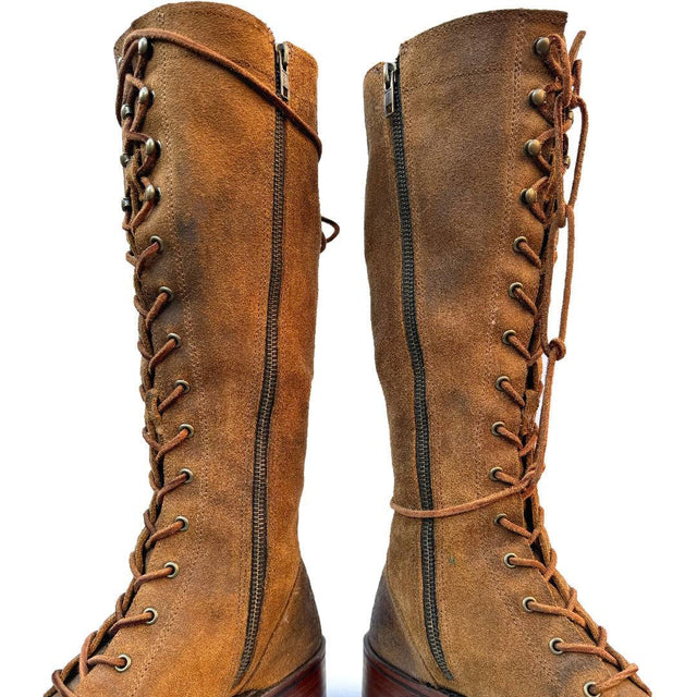 FRYE Campus Lace Up Tall Knee High Zippered Brown Leather Boots - Botablu