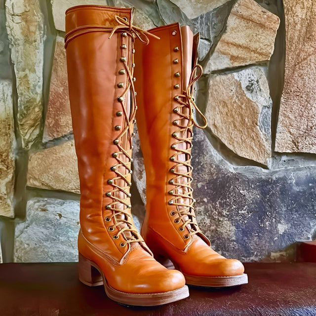 FRYE Campus Lace Up True Vintage Black Label Tall Knee High Sunrise Leather Boots - Botablu