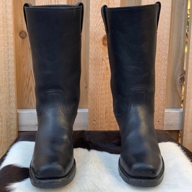 FRYE Cavalry 12L Black Leather Campus-Style Square Toe Boots Size 9.5 - Botablu