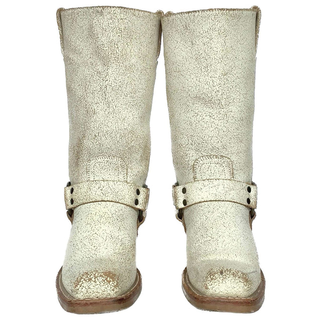 FRYE Harness 12R Moto Biker Motorcycle Crackle White Leather Boots - Botablu