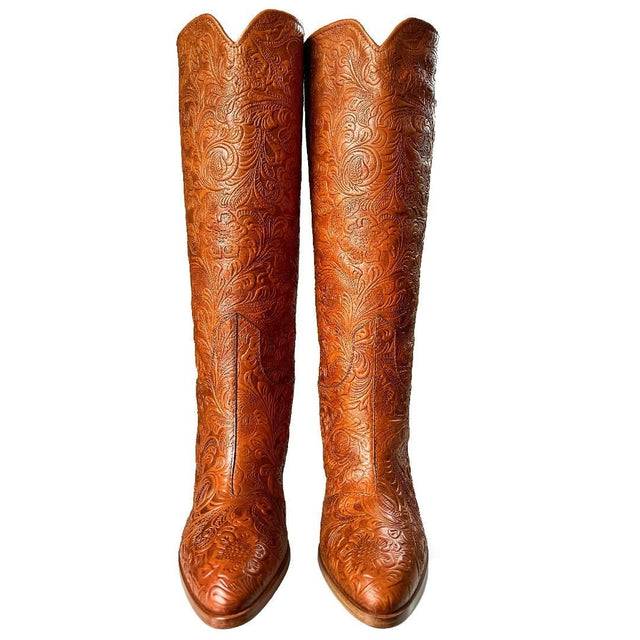 FRYE Italy Tooled Leather Brown Knee High Boots - Botablu