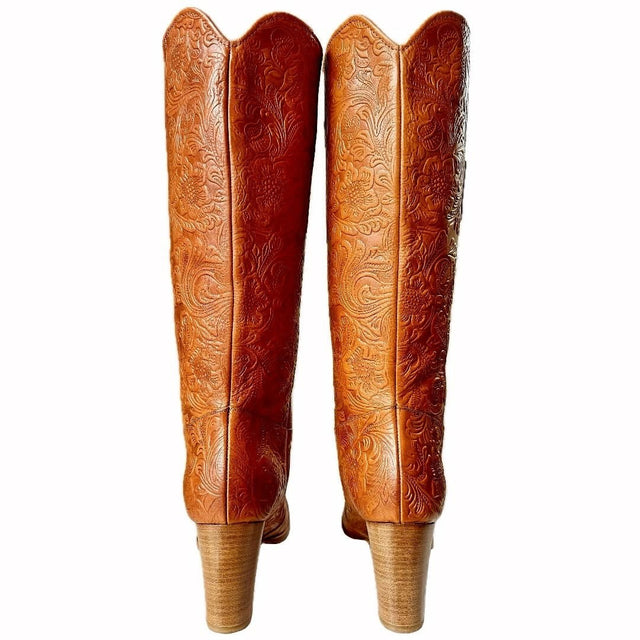 FRYE Italy Tooled Leather Brown Knee High Boots - Botablu