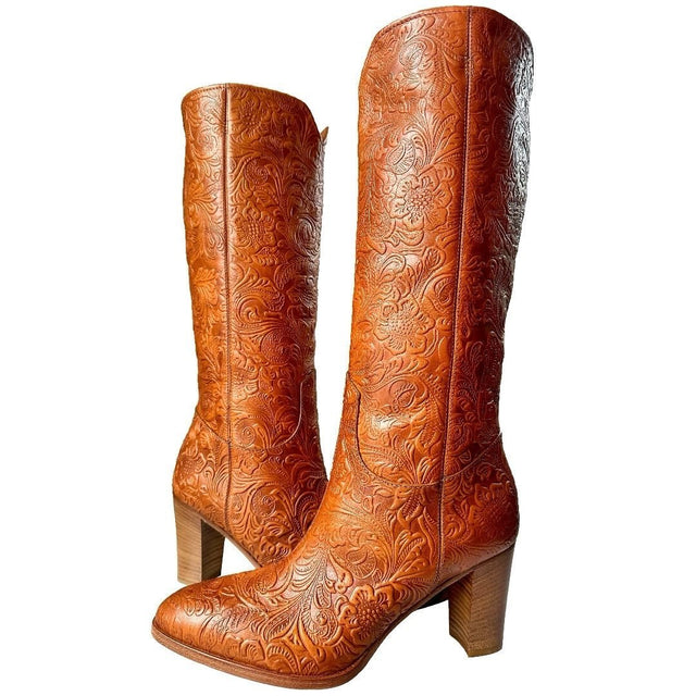 FRYE Italy Tooled Leather Brown Knee High Boots - Botablu