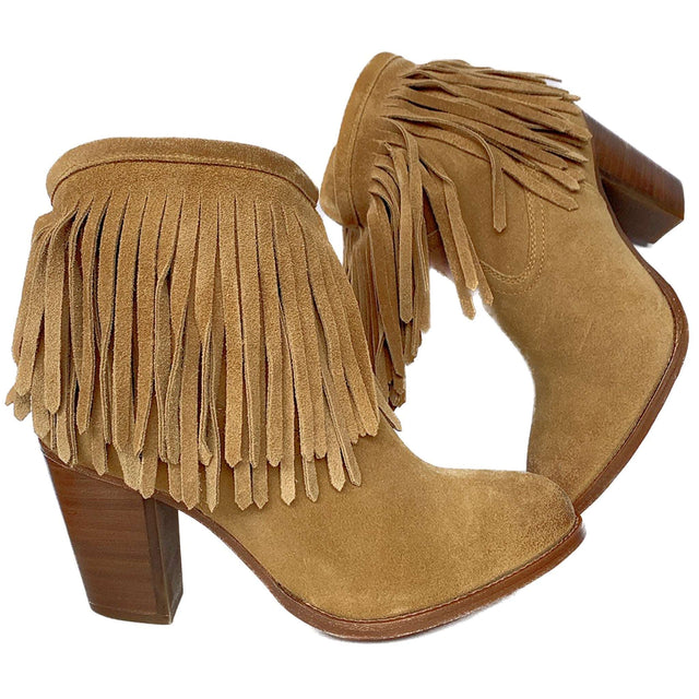 FRYE Llana Fringe Tan Suede Leather Western Ankle Bootie Boots - Botablu
