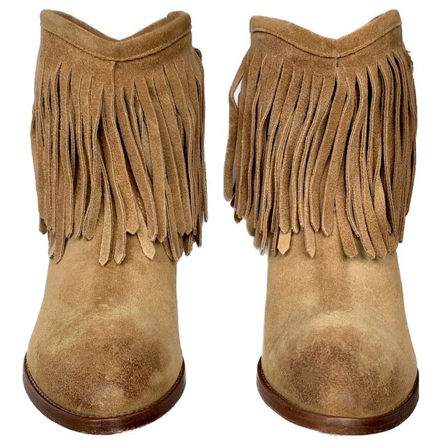 FRYE Llana Fringe Tan Suede Leather Western Ankle Bootie Boots - Botablu