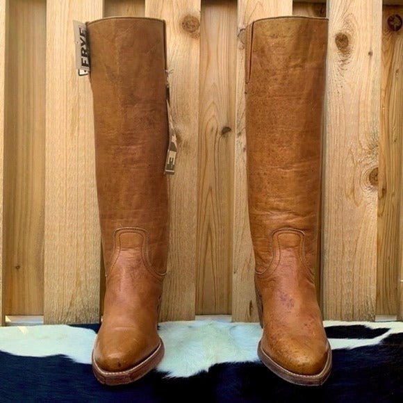 FRYE New Vintage Tall Knee High Brown Leather Boho Cowgirl Western Boots - Botablu