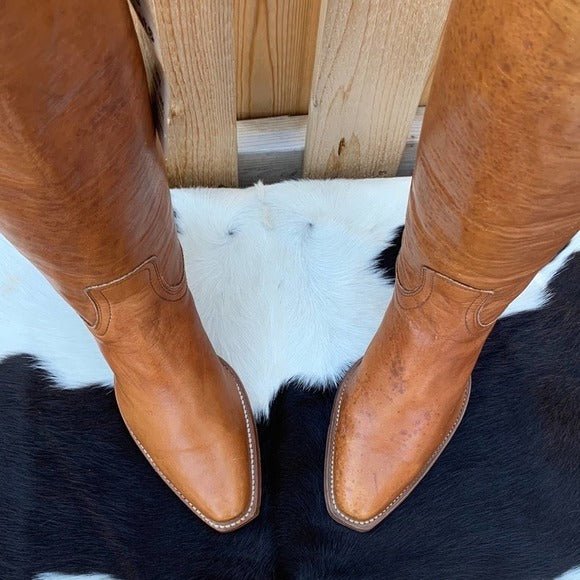 FRYE New Vintage Tall Knee High Brown Leather Boho Cowgirl Western Boots - Botablu