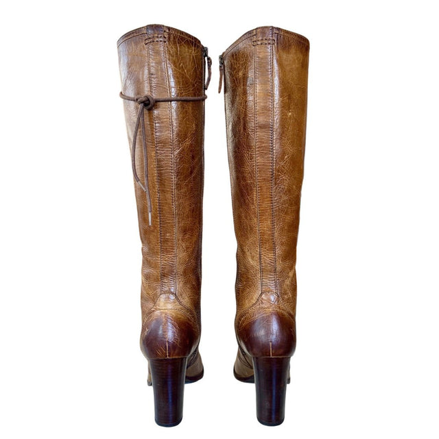 FRYE Parker Lace Up Zippered Tan Knee High Boots - Botablu