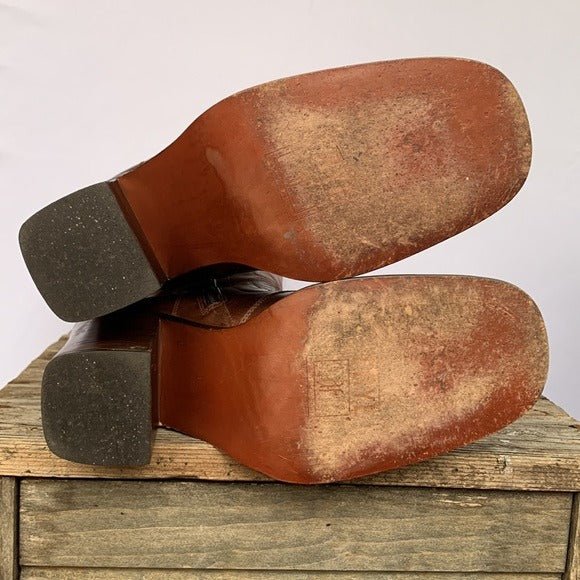 Frye Retro Swirl Stitching Tall Chunky High Heel Brown Leather Zippered Y2K Boots - Botablu