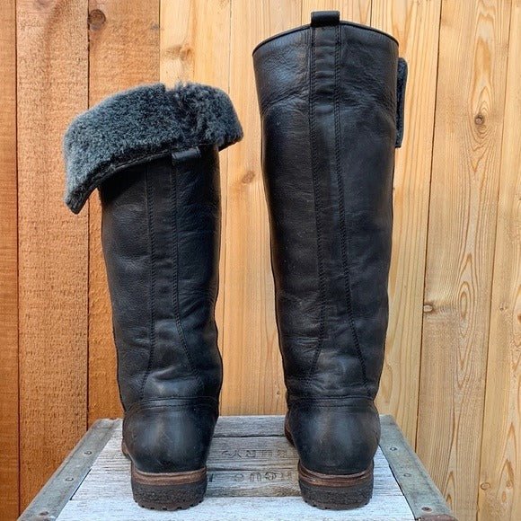 FRYE Shearling Lined Tall Black Leather Fall Winter Boots - Botablu