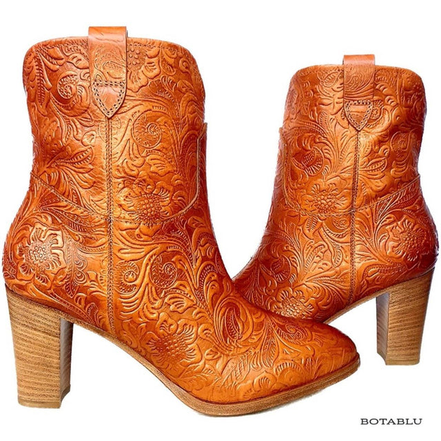 FRYE Tooled Leather Brown Ankle Bootie Boots, Made in Italy - Botablu