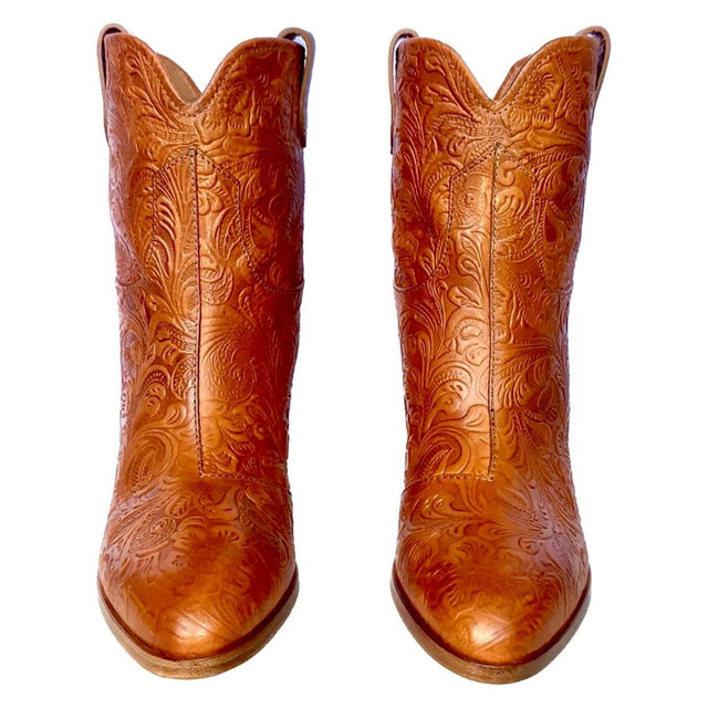 FRYE Tooled Leather Brown Ankle Bootie Boots, Made in Italy - Botablu