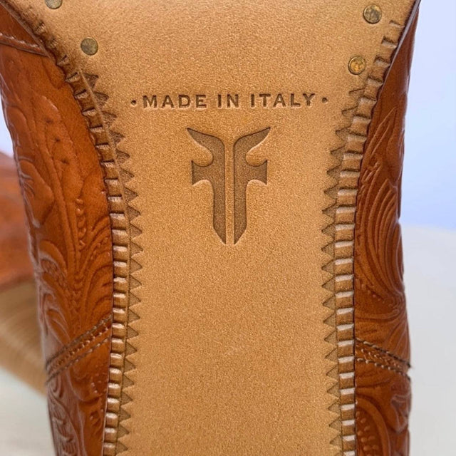 FRYE Tooled Leather Brown Ankle Bootie Boots, Made in Italy - Botablu