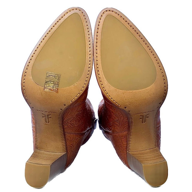 FRYE Tooled Leather Brown Ankle Bootie Boots, Made in Italy - Botablu