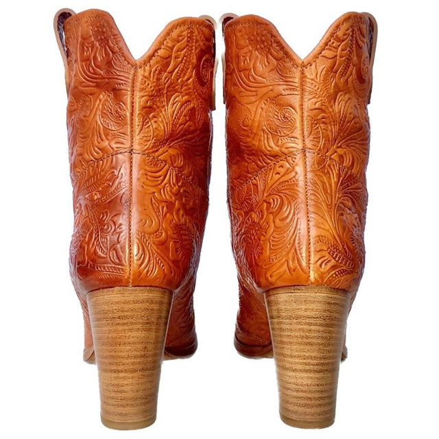 FRYE Tooled Leather Brown Ankle Bootie Boots, Made in Italy - Botablu