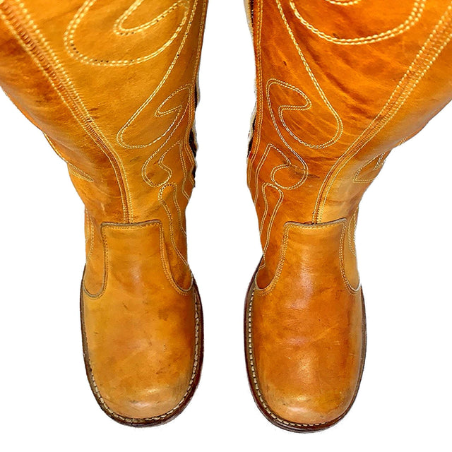 FRYE True Vintage Banana Sunrise Leather Black Label Swirl Embroidered Tall Knee High Zippered Boots - Botablu