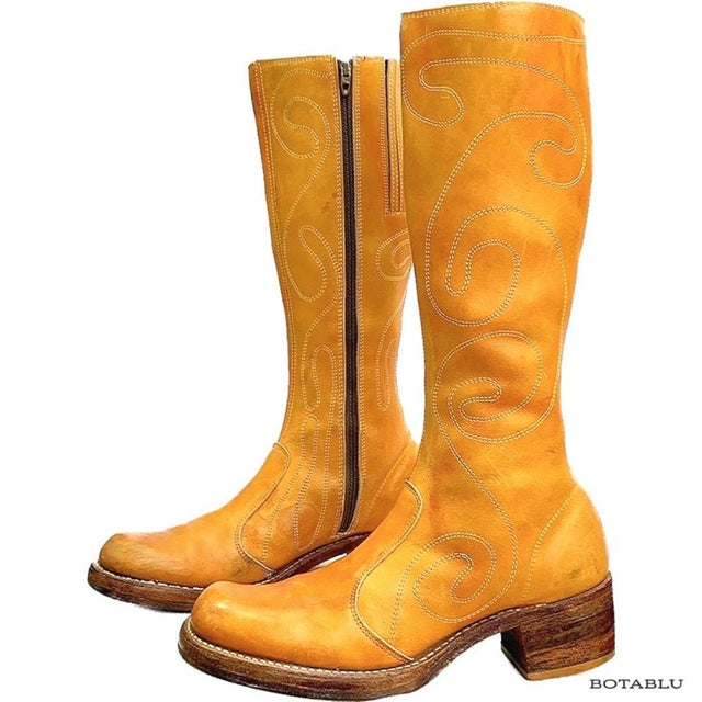 FRYE True Vintage Banana Sunrise Leather Black Label Swirl Embroidered Tall Knee High Zippered Boots - Botablu