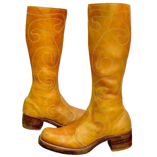 FRYE True Vintage Banana Sunrise Leather Black Label Swirl Embroidered Tall Knee High Zippered Boots - Botablu