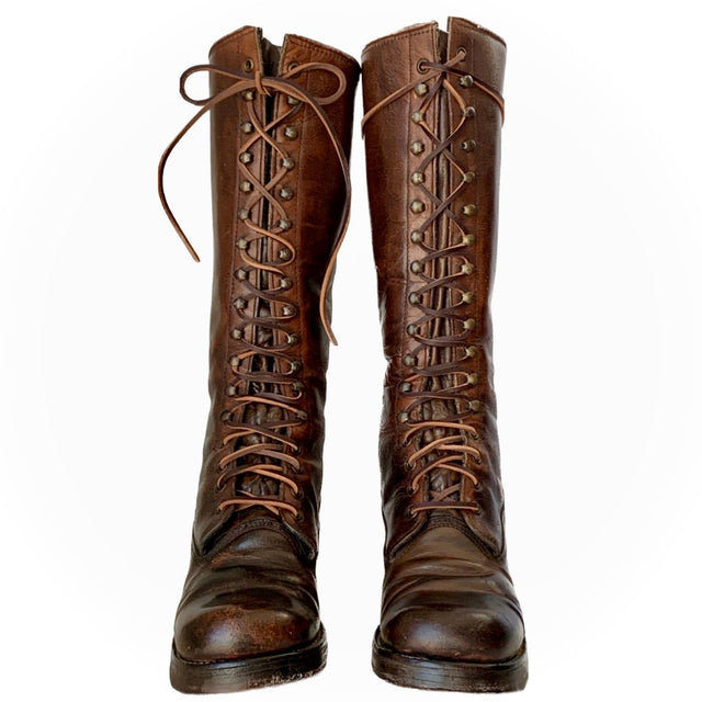 FRYE True Vintage Black Label Lace Up Tall Knee High Dark Brown Leather Boots - Botablu