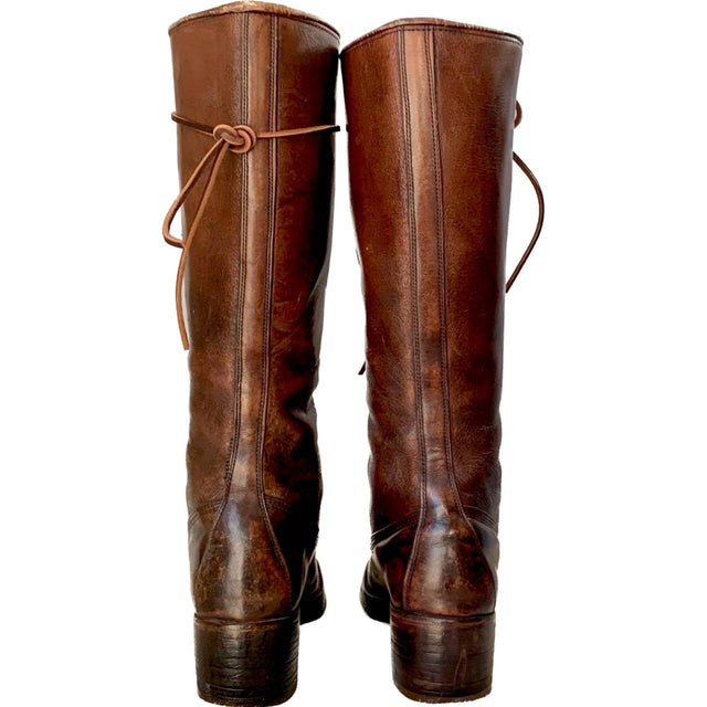 FRYE True Vintage Black Label Lace Up Tall Knee High Dark Brown Leather Boots - Botablu