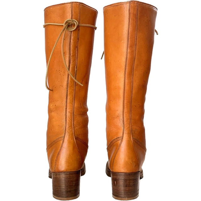 FRYE True Vintage Black Label Lace Up Tall Knee High Sunrise Butterscotch Brown Leather Boots - Botablu