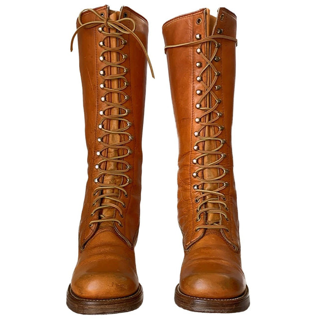 FRYE True Vintage Black Label Lace Up Tall Knee High Sunrise Butterscotch Brown Leather Boots - Botablu