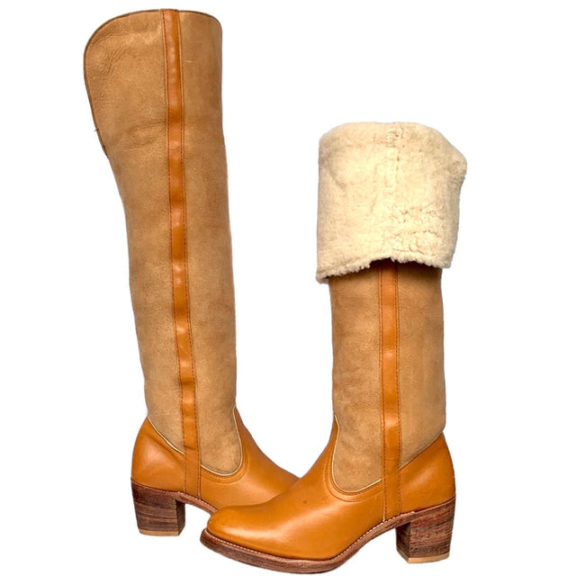 FRYE True Vintage Black Label Shearling Lined Tall Over the Knee Fold Down Boots - Botablu