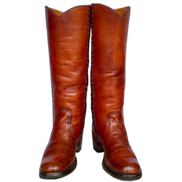 FRYE True Vintage Black Label Tall Knee High Braided Sabrina Campus Brown Boots - Botablu