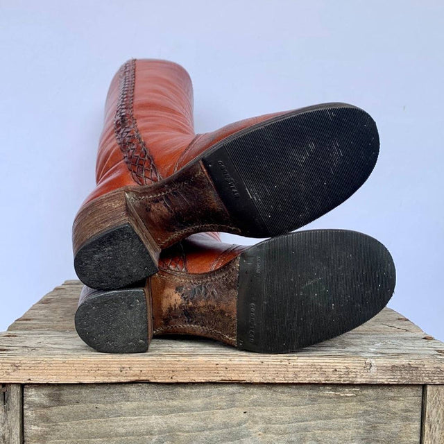 FRYE True Vintage Black Label Tall Knee High Braided Sabrina Campus Brown Boots - Botablu