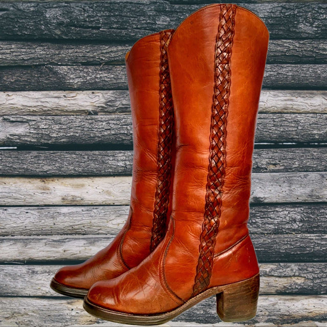 FRYE True Vintage Black Label Tall Knee High Braided Sabrina Campus Brown Boots - Botablu