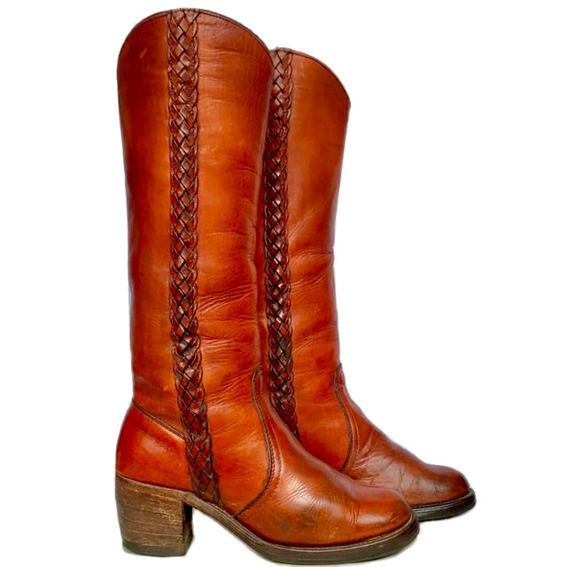 FRYE True Vintage Black Label Tall Knee High Braided Sabrina Campus Brown Boots - Botablu