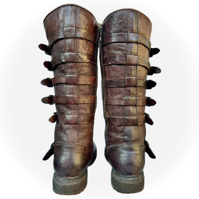 FRYE Valerie Belted Shearling Strappy Brown Tall Biker Moto Motorcycle Winter Boots - Botablu