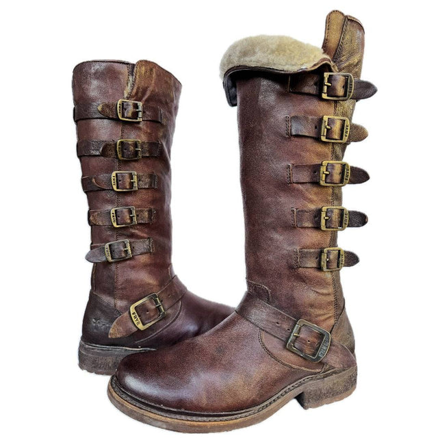 FRYE Valerie Belted Shearling Strappy Brown Tall Biker Moto Motorcycle Winter Boots - Botablu