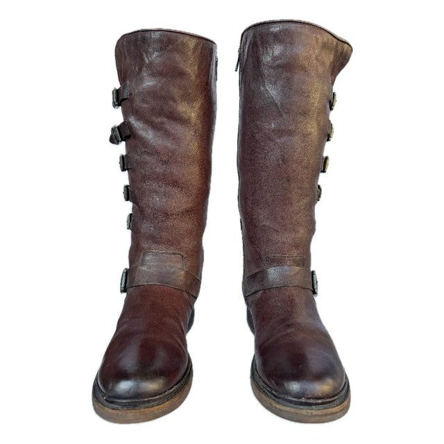 FRYE Valerie Belted Shearling Strappy Brown Tall Biker Moto Motorcycle Winter Boots - Botablu