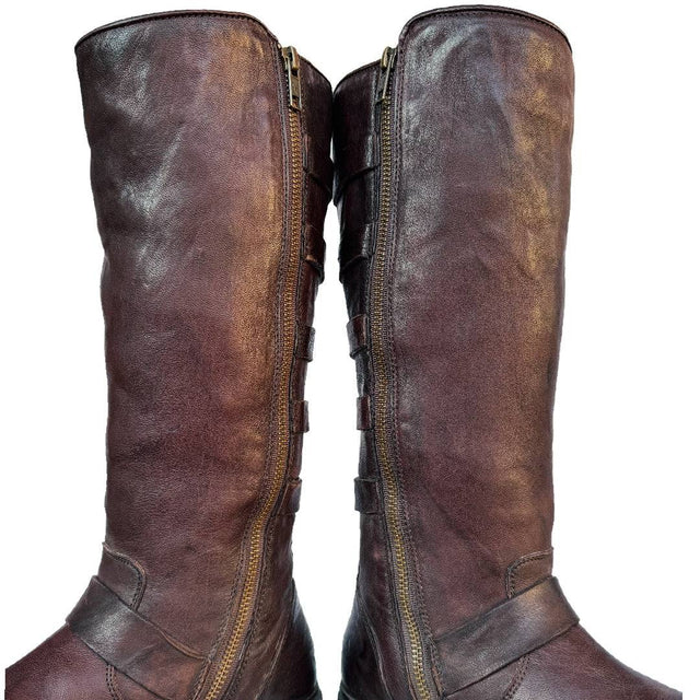 FRYE Valerie Belted Shearling Strappy Brown Tall Biker Moto Motorcycle Winter Boots - Botablu