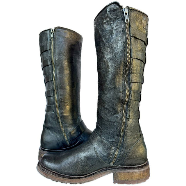 FRYE Valerie Belted Shearling Tall Black Biker Moto Motorcycle Winter Boots - Botablu