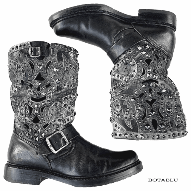 FRYE Veronica Laser Cut Out Studded Harness Black Moto Biker Boots - Botablu