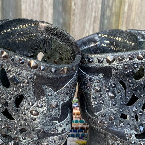 FRYE Veronica Laser Cut Out Studded Harness Black Moto Biker Boots - Botablu