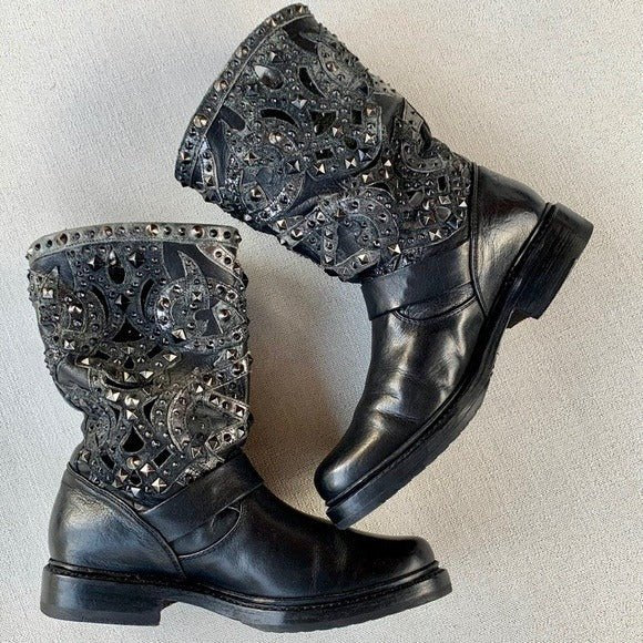 FRYE Veronica Laser Cut Out Studded Harness Black Moto Biker Boots - Botablu