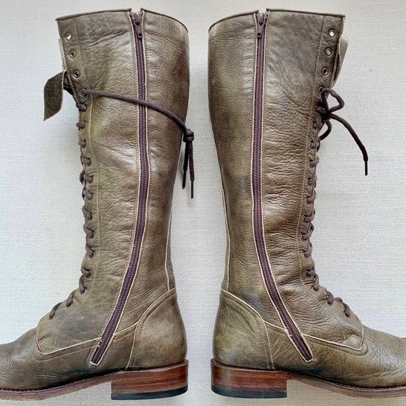 FRYE Vienna Lace Up Green Leather Tall Knee High Zippered Western Boots - Botablu