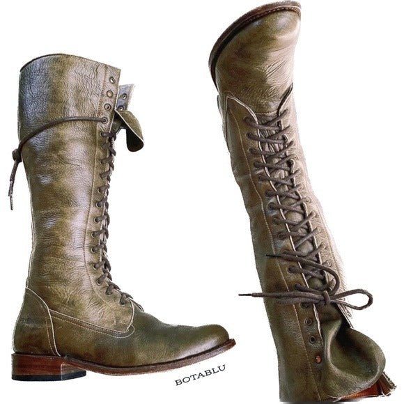 FRYE Vienna Lace Up Green Leather Tall Knee High Zippered Western Boots - Botablu