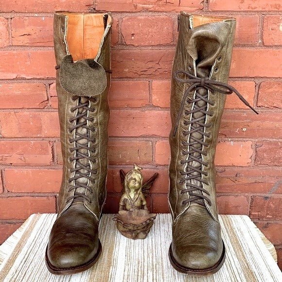 FRYE Vienna Lace Up Green Leather Tall Knee High Zippered Western Boots - Botablu