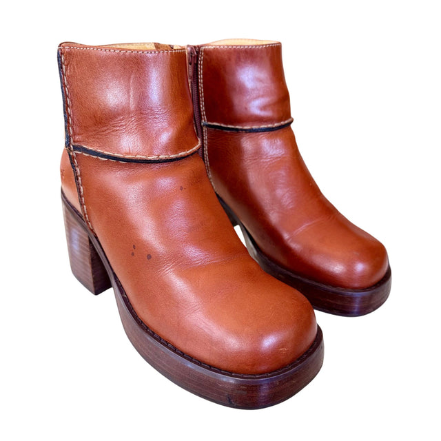 FRYE Villager Zip Y2K Platform Chunky Heel Ankle Boots – Cognac Leather - Botablu