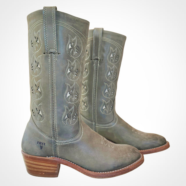 FRYE Vintage Austin Flower Green Cowboy Boots - Botablu
